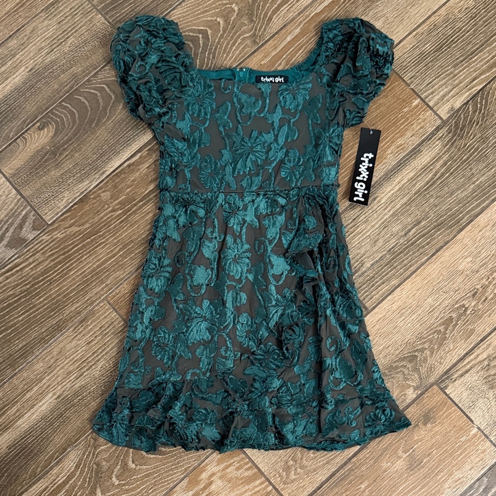 Trixxi Kids Green Floral Velvet Dress